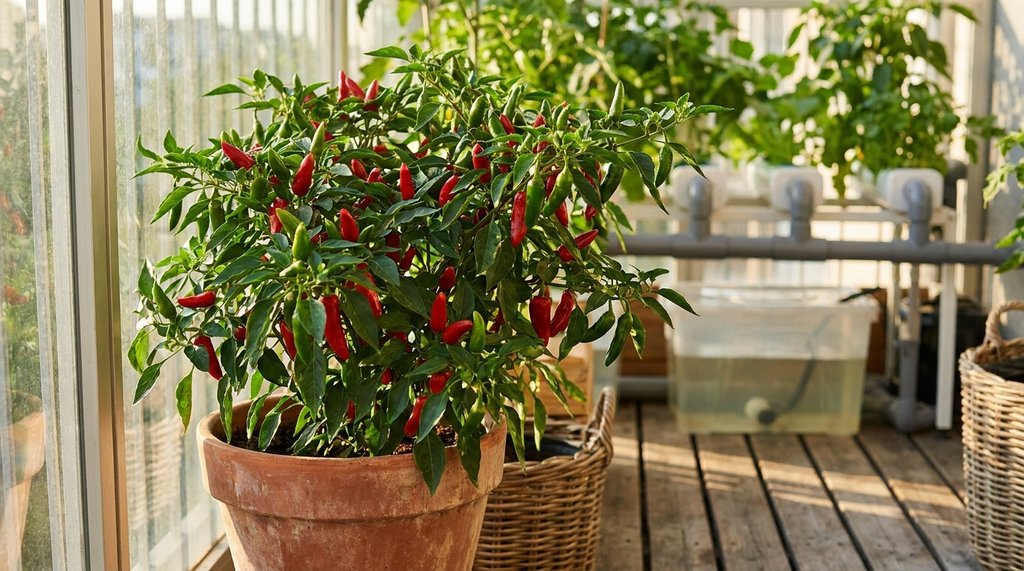 Pimenteira em vaso de barro carregada de frutos vermelhos e verdes numa varanda ensolarada