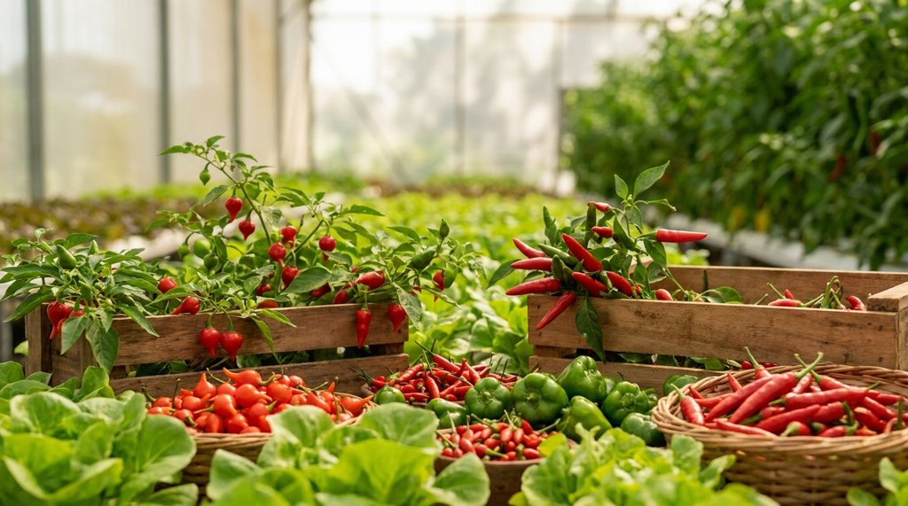 Variedades de pimenta brasileiras coloridas como biquinho, dedo-de-moça e malagueta dispostas juntas