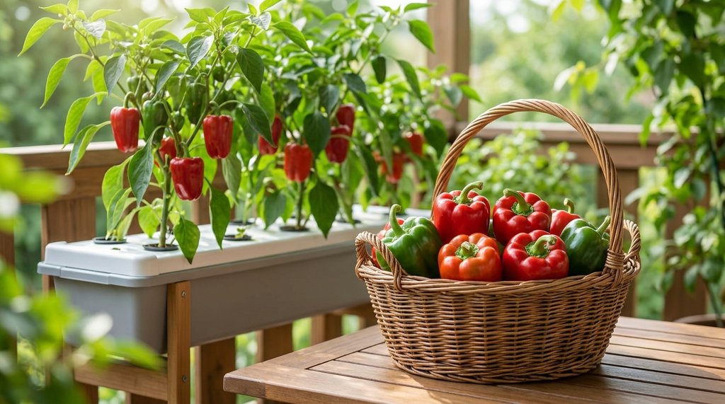 Mãos colhendo pimentão vermelho maduro de planta em vaso doméstico com cesto de frutos ao lado