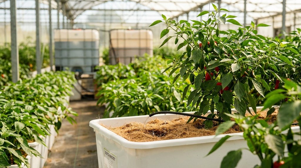 Planta de pimentão em sistema hidropônico Dutch bucket com fibra de coco e mangueira de irrigação em estufa