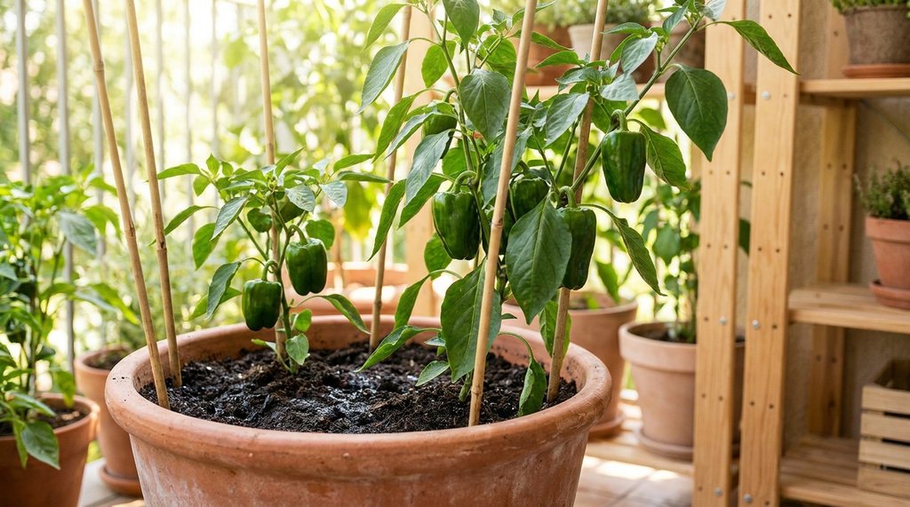 Planta de pimentão tutorada com estaca crescendo em vaso grande na varanda com frutos verdes