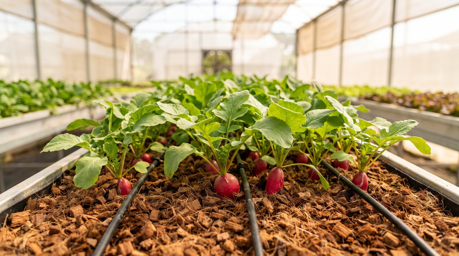 Rabanetes cultivados em substrato de fibra de coco com irrigação por gotejamento em estufa