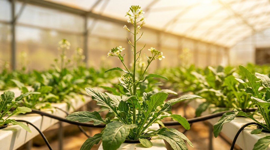 Planta de rúcula espigada emitindo haste floral com flores no calor, folhas basais endurecidas ao sol