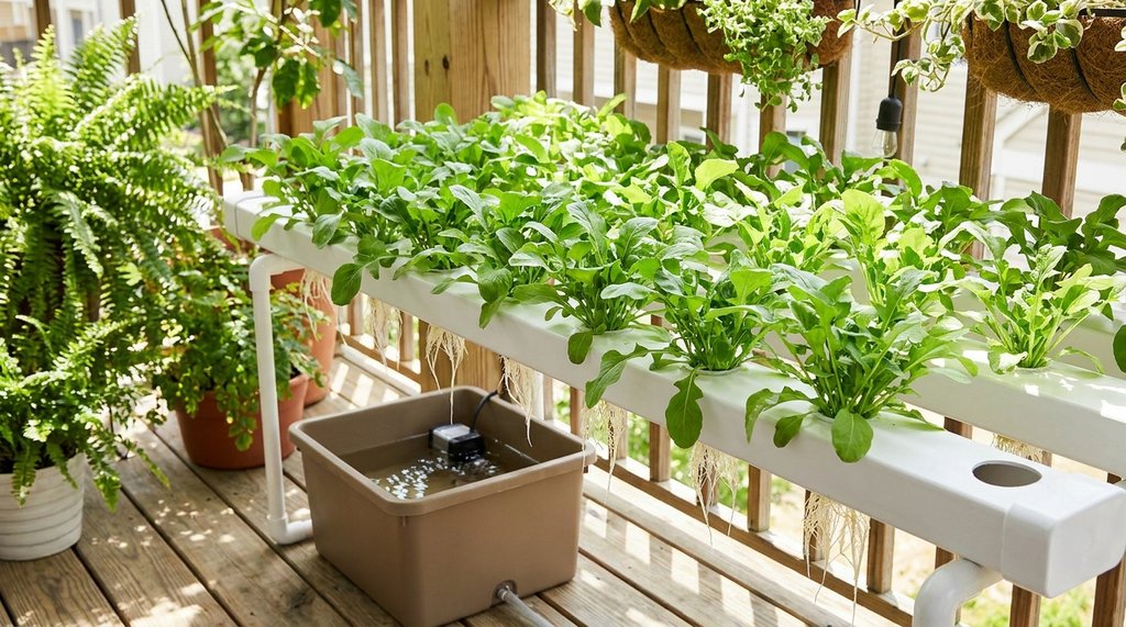 Rúcula cultivada em bancada hidropônica NFT caseira com raízes brancas na solução nutritiva e folhas viçosas