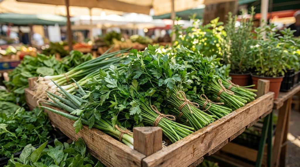 Maços de cheiro-verde com salsa e cebolinha frescas amarradas numa banca de feira