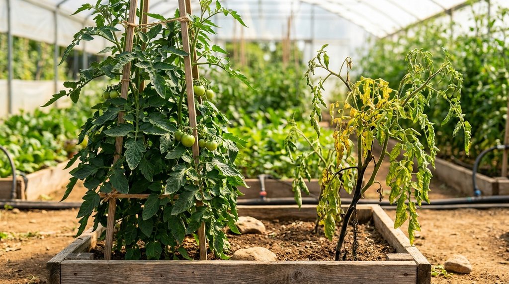 Comparativo entre tomateiro saudável e tomateiro com murcha de Fusarium em hidroponia