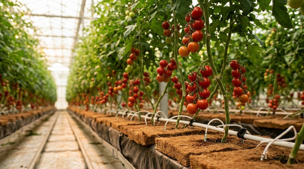 Cultivo de tomate cereja hidropônico em estufa com gotejamento em fibra de coco