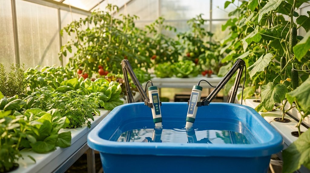 Medição diária de pH e EC com canetas digitais em reservatório de solução nutritiva