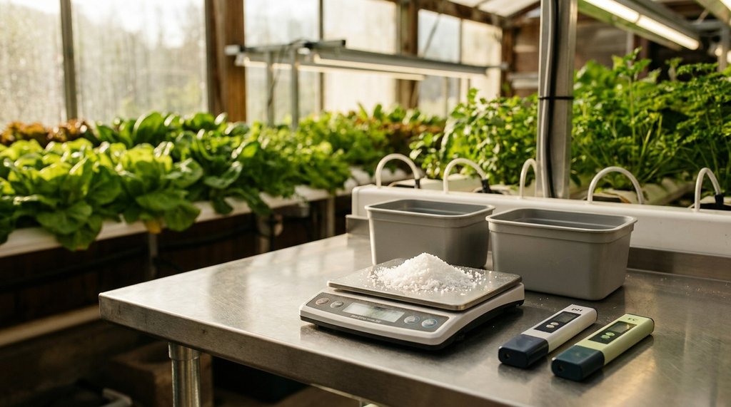 Preparo de solução nutritiva Furlani com balança digital sais e canetas de pH e EC
