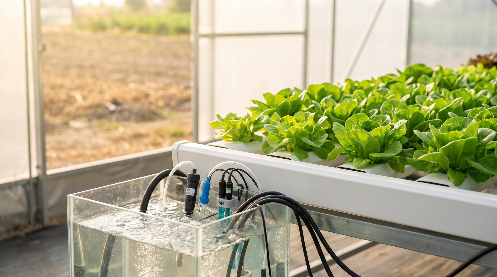Sonda de condutividade elétrica e pH em reservatório de solução nutritiva de estufa hidropônica