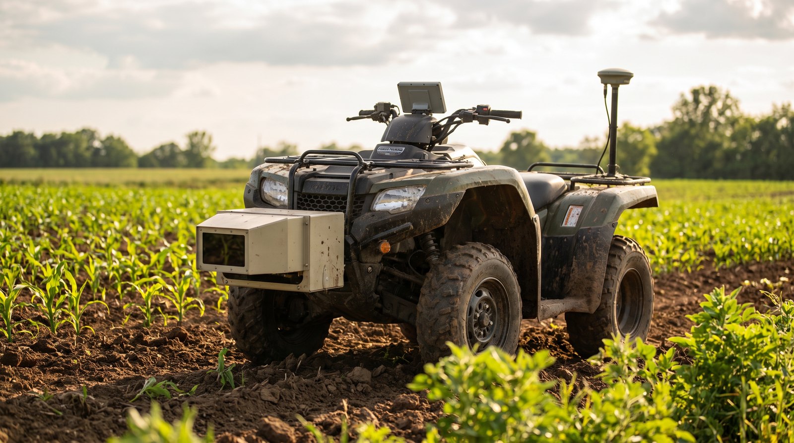 Trator com sensor de radiação gama escaneando solo agrícola em lavoura para mapeamento de fertilidade