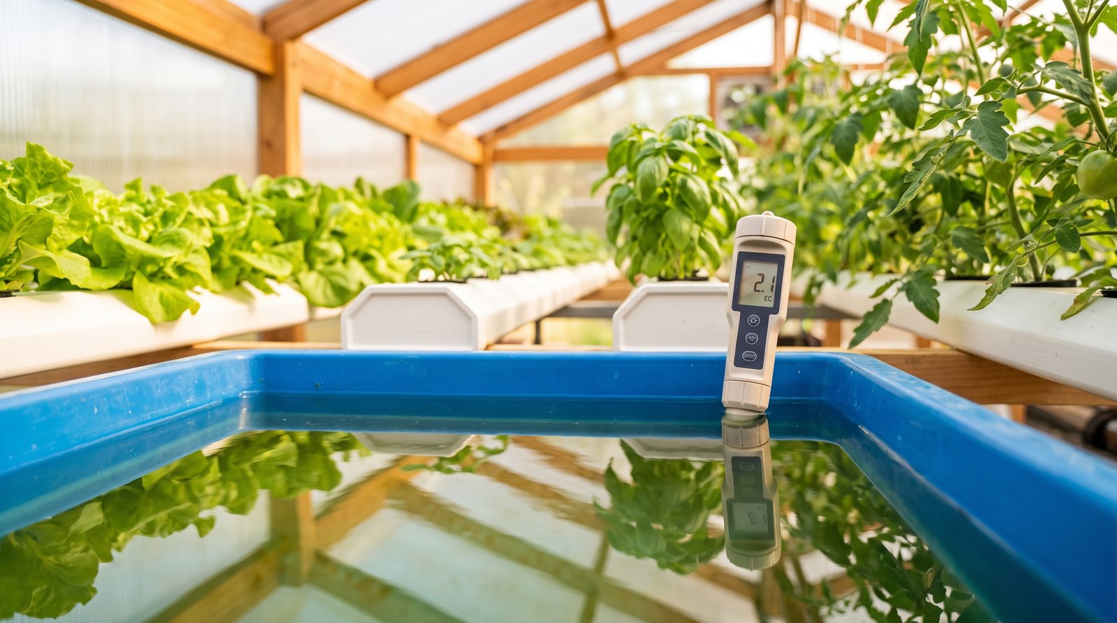 Caneta digital medindo condutividade elétrica em reservatório de solução nutritiva para hidroponia
