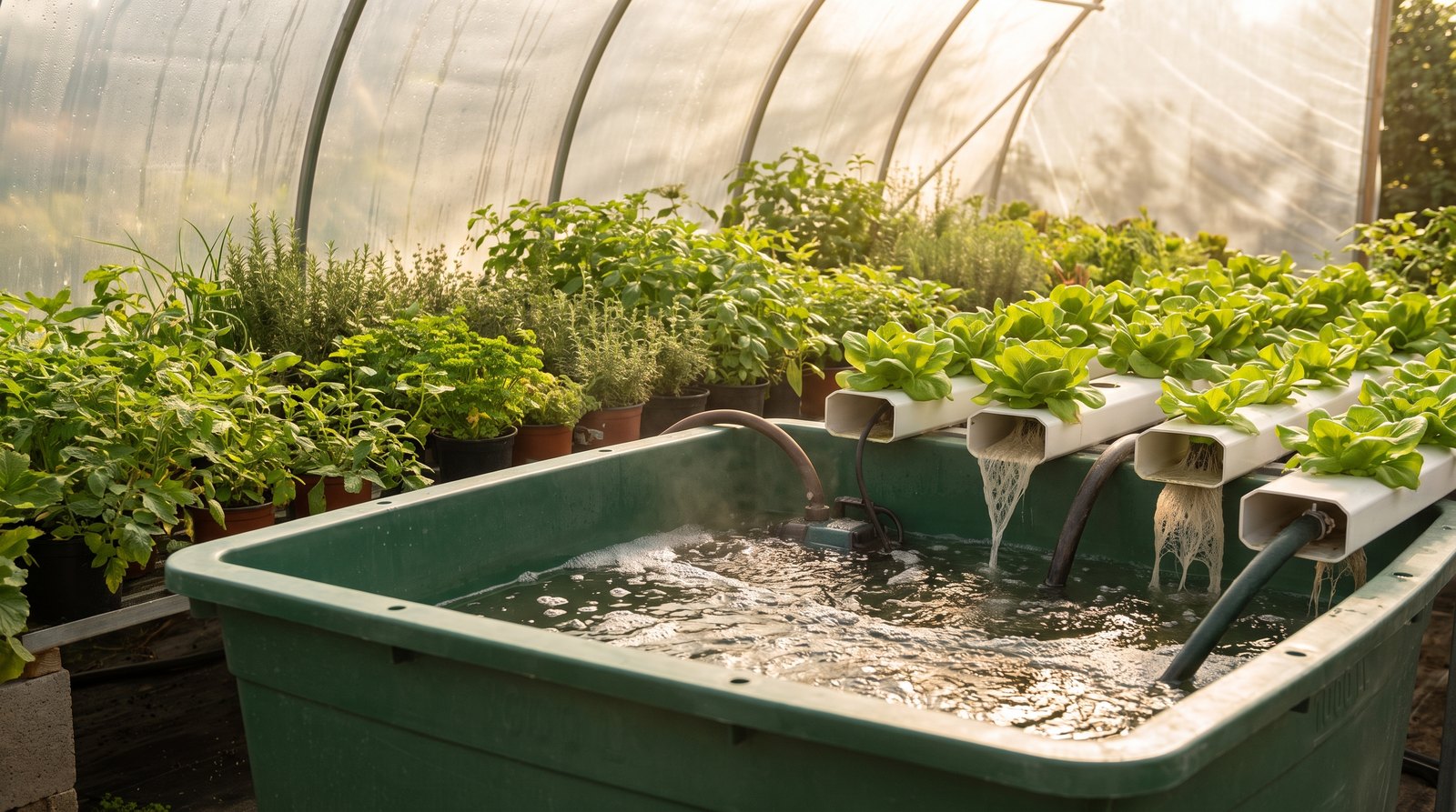 Reservatório de solução nutritiva em estufa de hidroponia com bomba de recirculação e raízes de alface