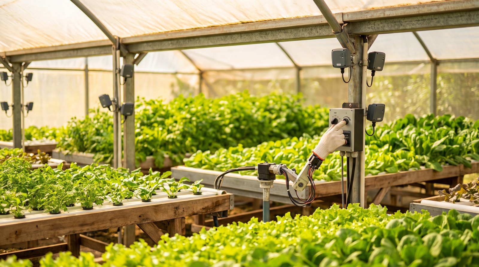 Técnico ajustando sensor de monitoramento agrícola em estufa brasileira de cultivo protegido