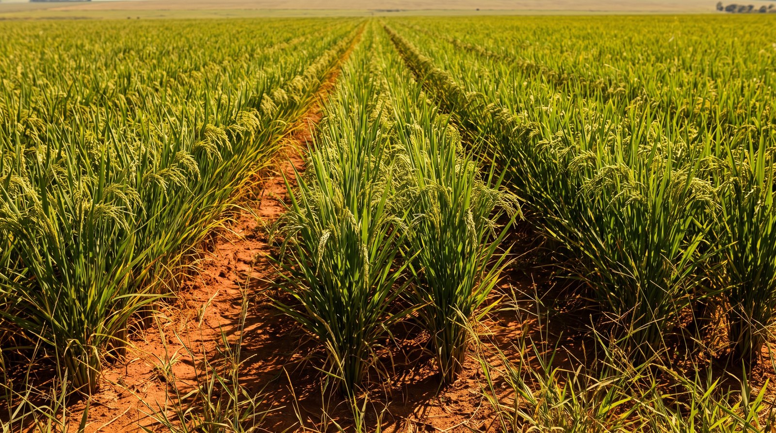 Lavoura de arroz de sequeiro no Cerrado brasileiro sob sol forte, com solo avermelhado entre as fileiras