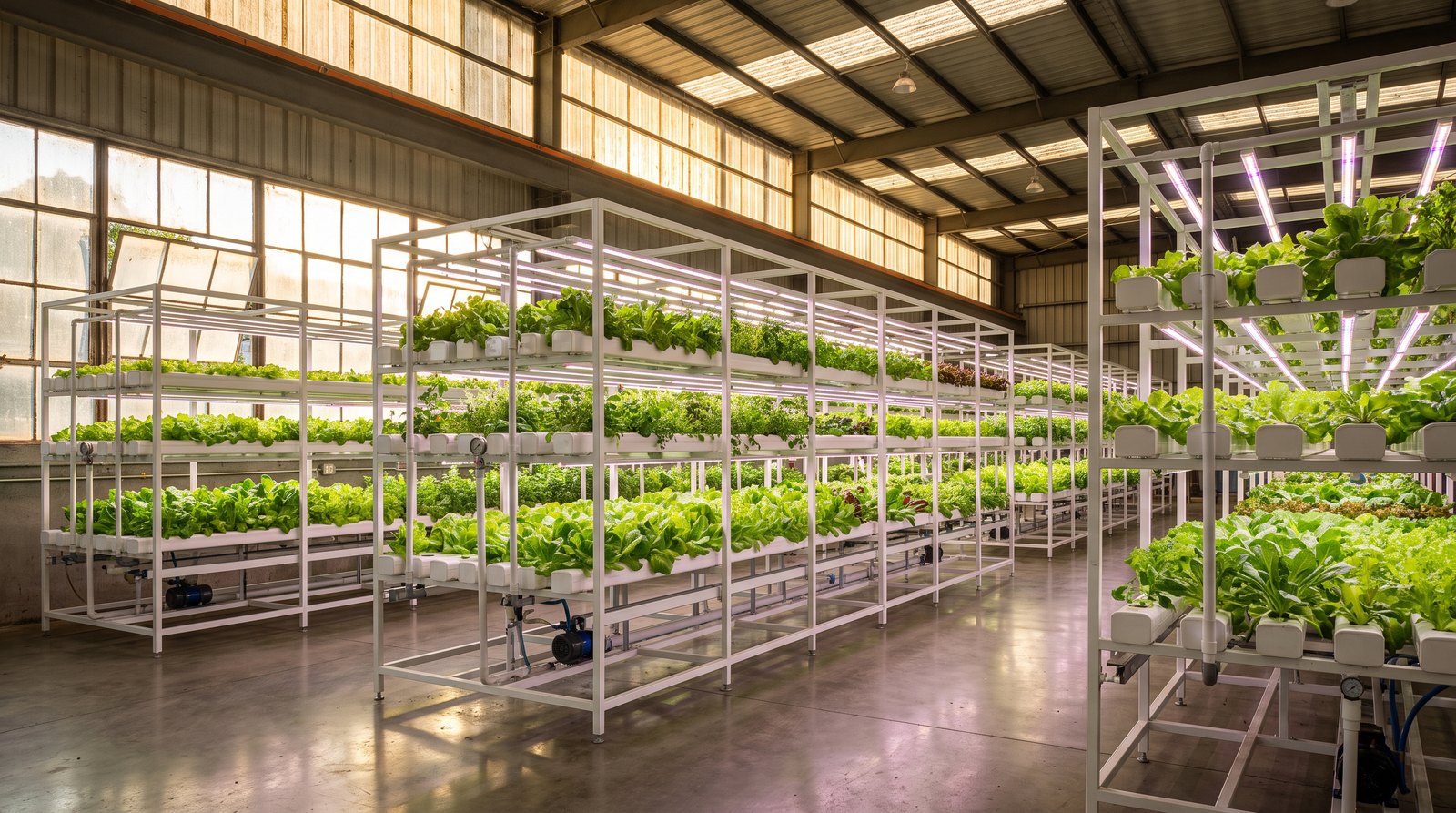 Galpão de fazenda vertical brasileira com fileiras de hortaliças em sistema hidropônico NFT