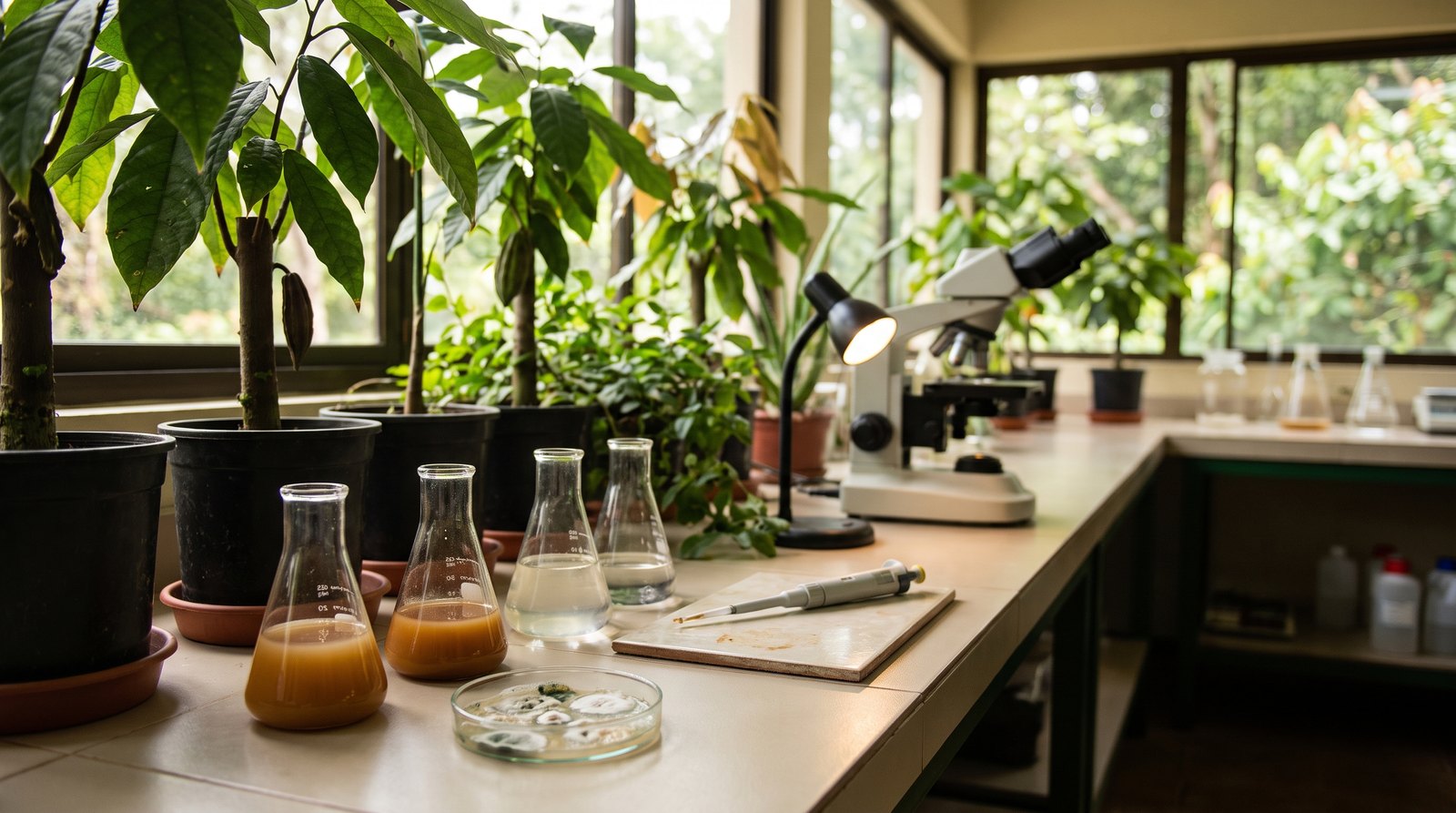 Mãos com luvas manipulando placa de cultura e frascos de emulsão em laboratório de biocontrole agrícola