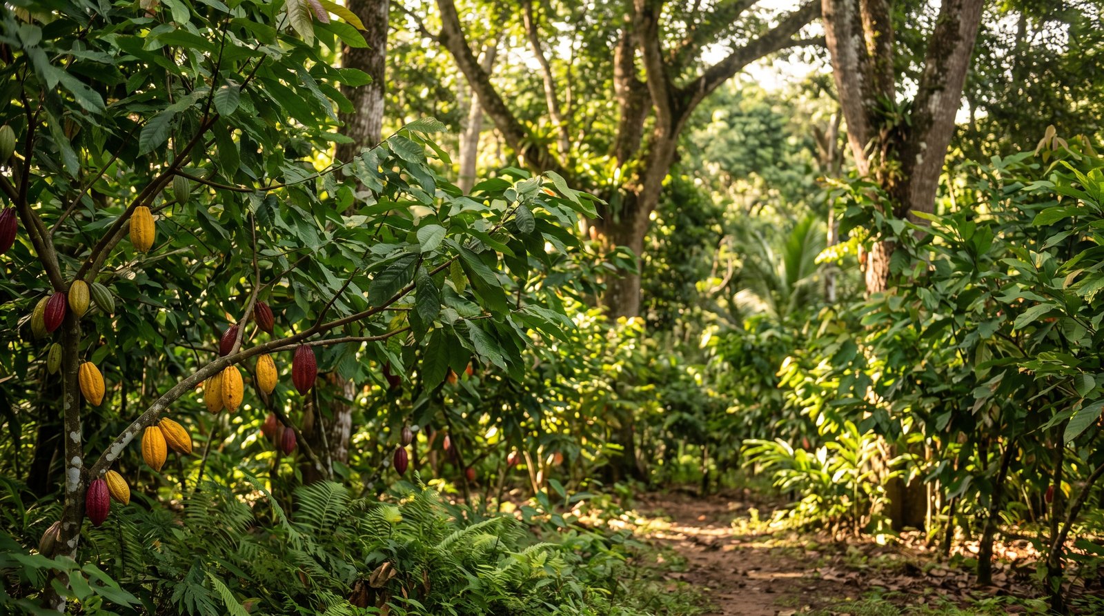 Produtor entre cacaueiros carregados de frutos amarelos e vermelhos saudáveis em lavoura sombreada