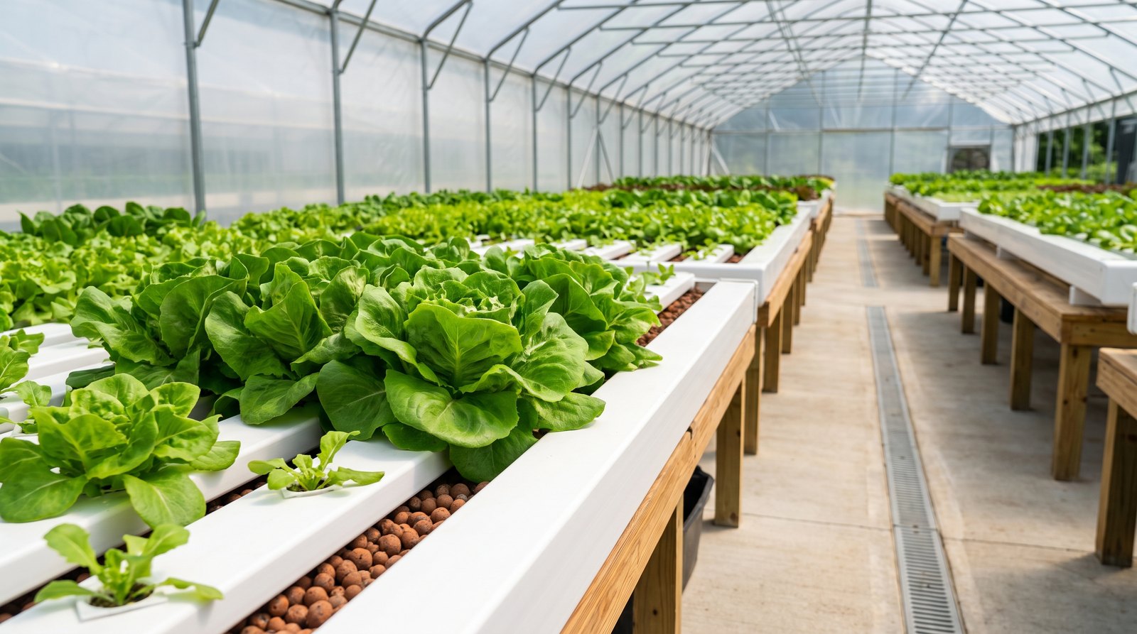 Interior de estufa agrícola para hidroponia com bancadas NFT de alface sob cobertura plástica difusora