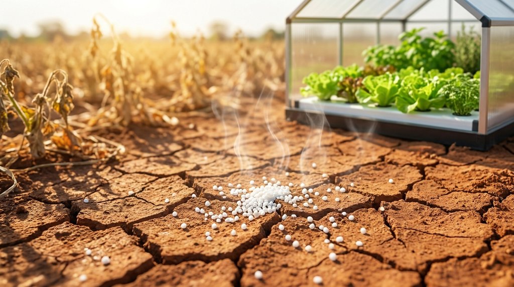 Grânulos de ureia sobre solo tropical avermelhado e ressecado sob sol forte, ilustrando perda de nitrogênio