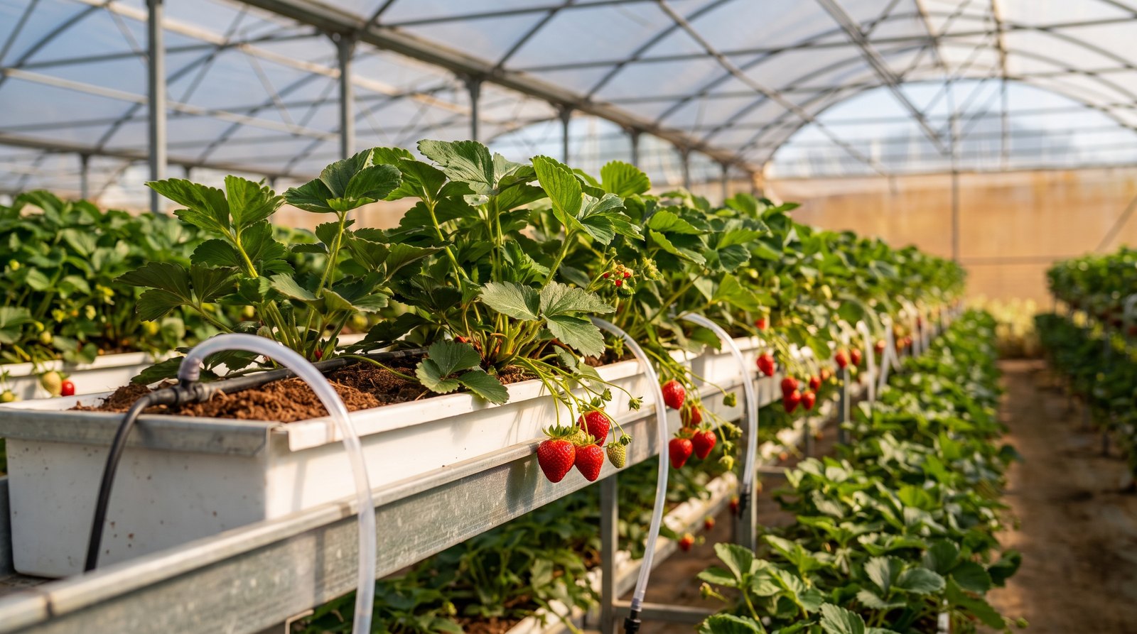 Produtor inspecionando morangueiro em sistema semi-hidropônico com frutos vermelhos em estufa de produção