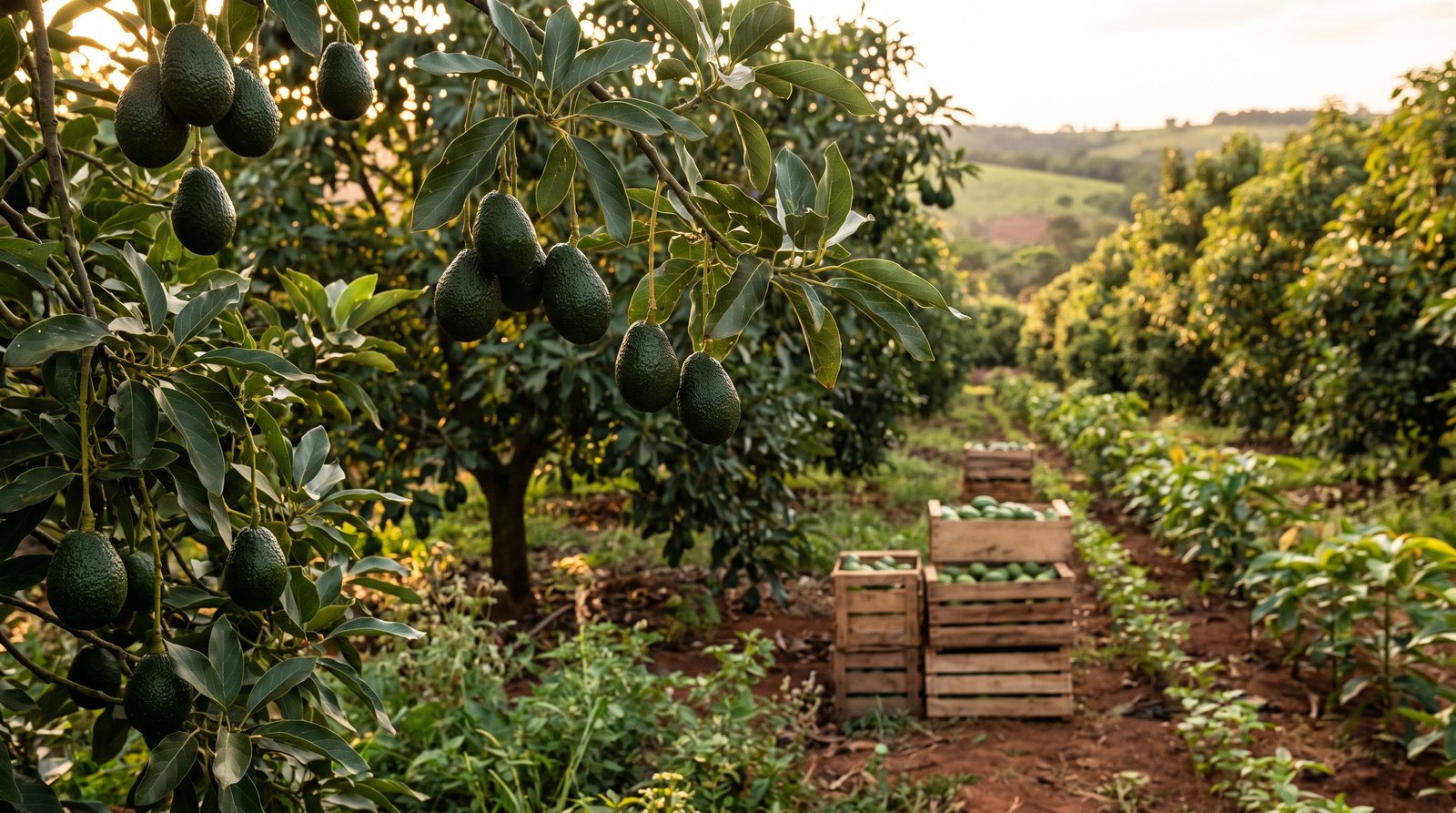 Pomar comercial de avocado Hass no Brasil com árvores carregadas de frutos verde-escuros em linhas