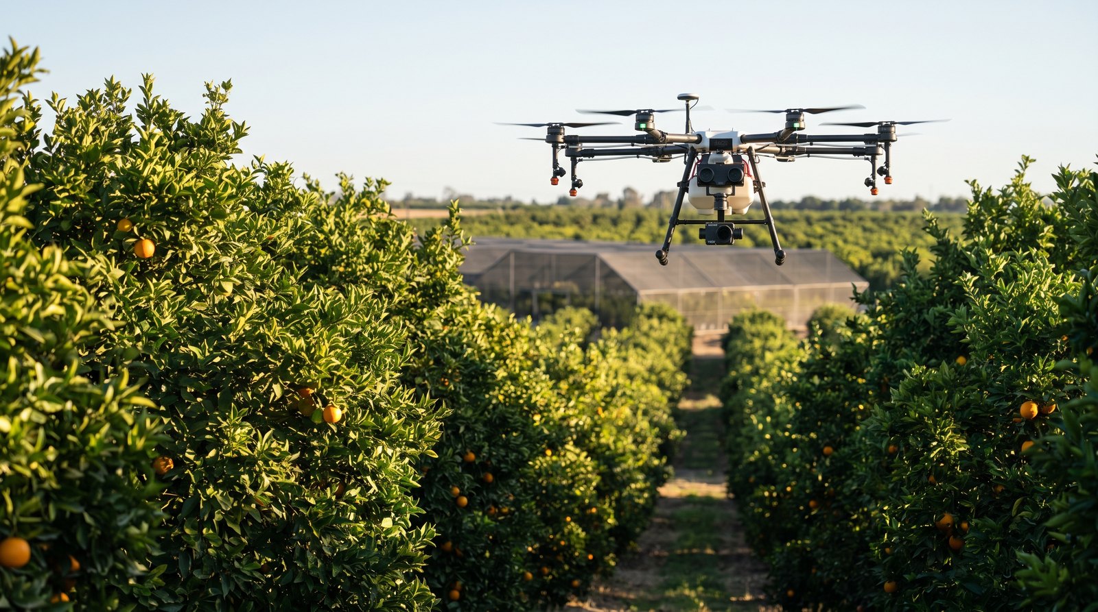 Drone agrícola sobrevoando pomar de laranja para detecção remota do greening dos citros