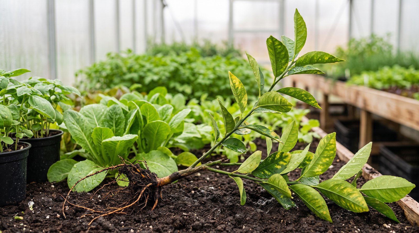 Sistema radicular reduzido e folhas amareladas de laranjeira com greening dos citros nas mãos de um agrônomo