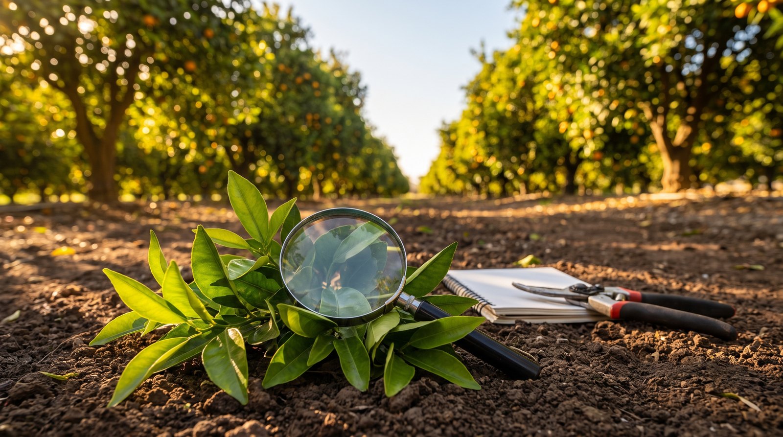 Técnico agrícola inspecionando folhas de laranjeira em pomar comercial para detectar greening dos citros