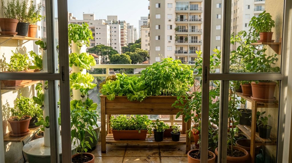 Horta em apartamento em varanda com vasos de alface e manjericão sob luz matinal e vista urbana ao fundo