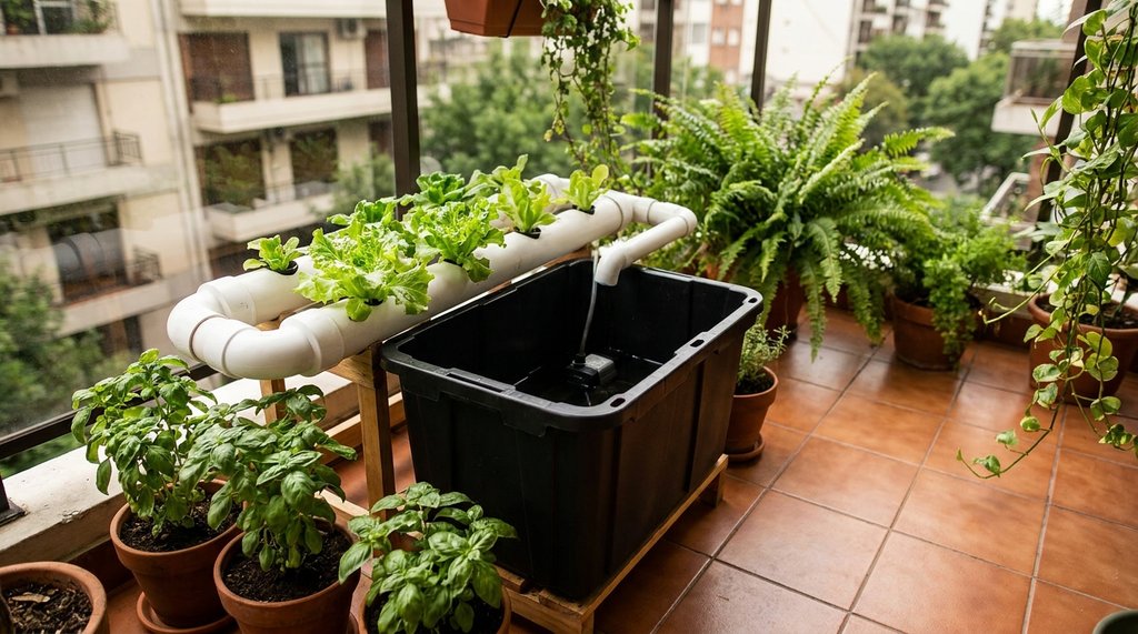 Sistema NFT mini caseiro com alfaces verdes em tubos PVC brancos em varanda urbana