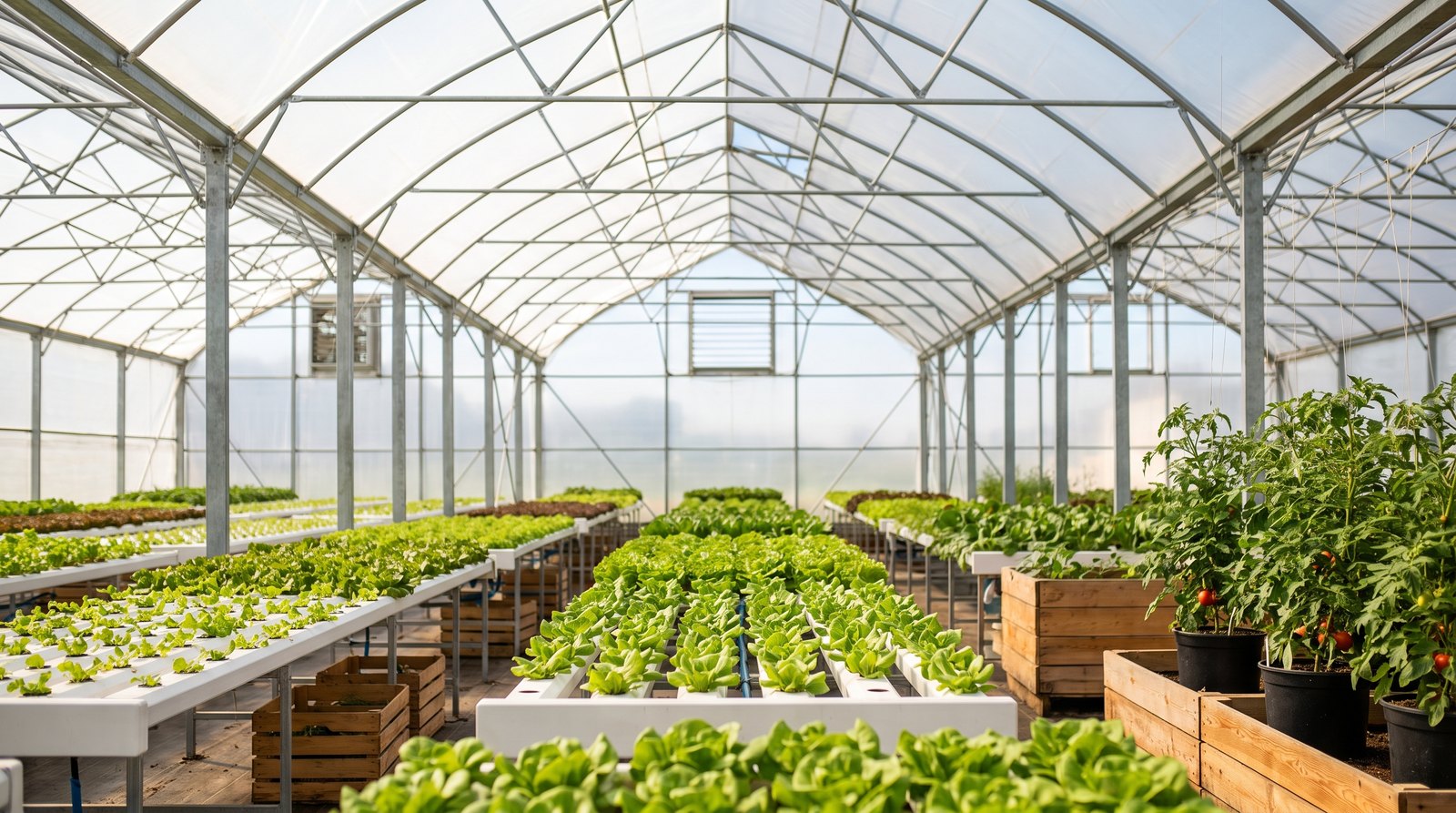 Estrutura interna de estufa agrícola com pé-direito alto e bancadas de hidroponia comercial ao fundo