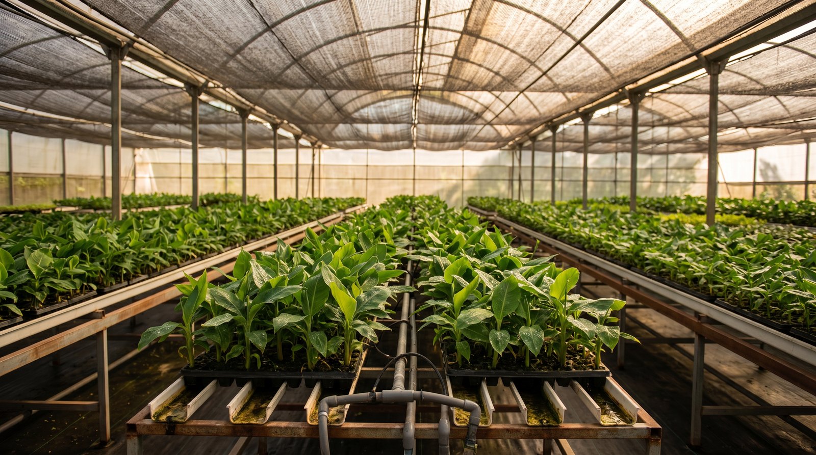 Estufa telada com bancadas hidropônicas de mudas de banana em ambiente controlado