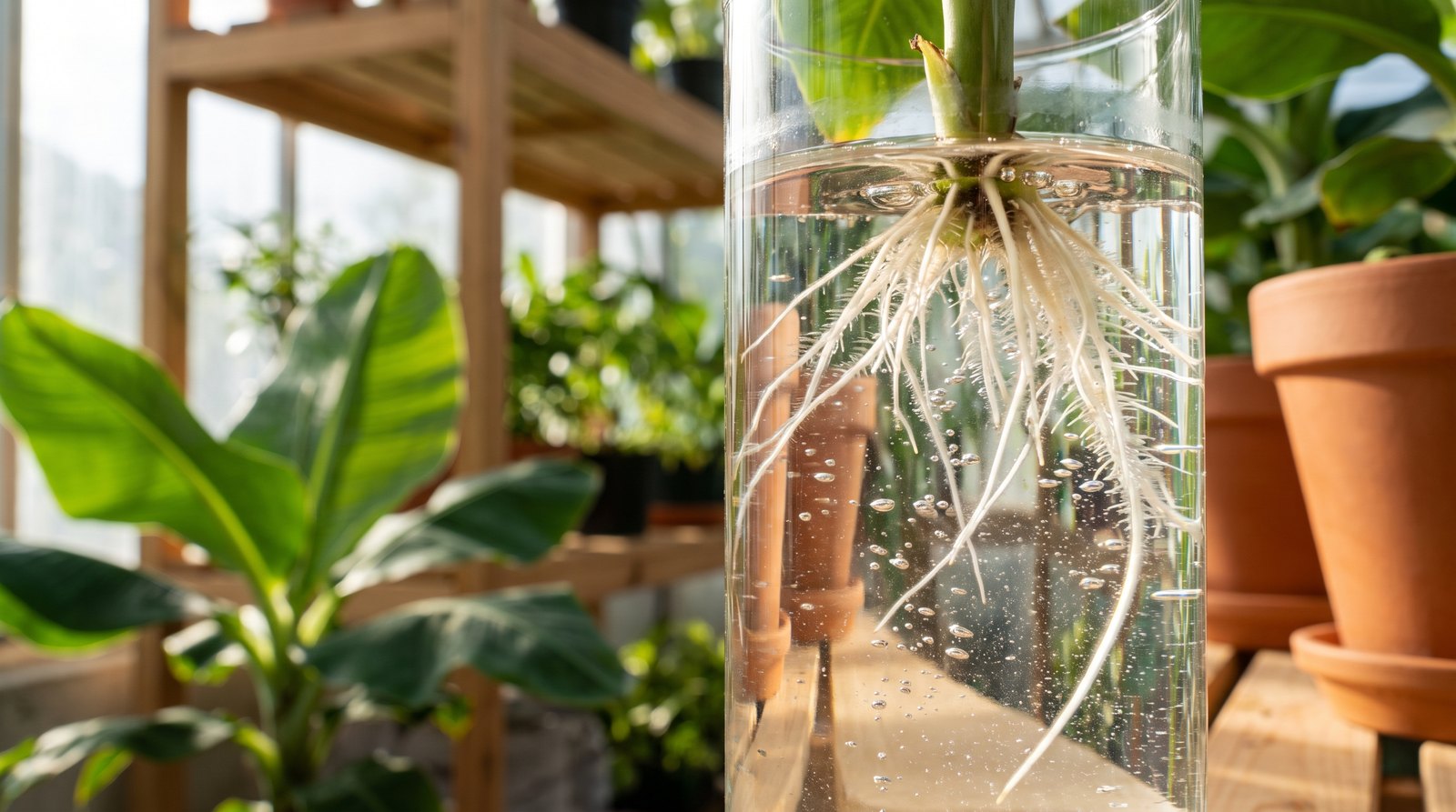 Raízes de muda de banana em solução nutritiva oxigenada durante fase de aclimatação hidropônica