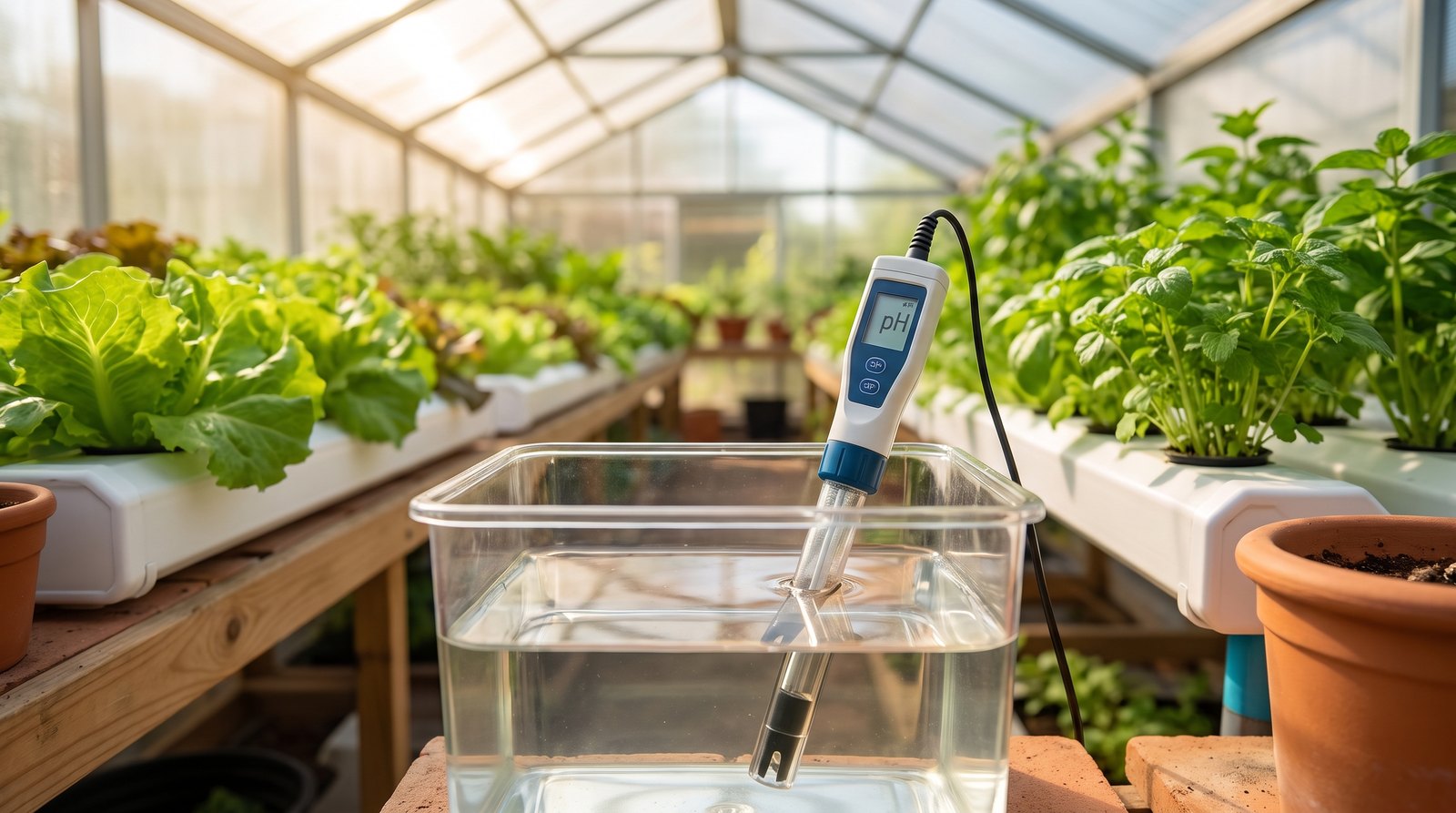 Mãos usando medidor digital para verificar o pH da solução nutritiva em sistema hidropônico