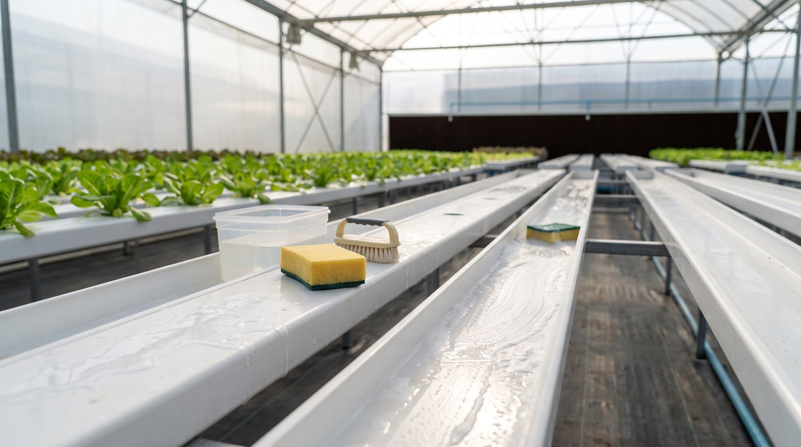 Produtor com luvas higienizando calhas de sistema hidropônico NFT entre ciclos de cultivo