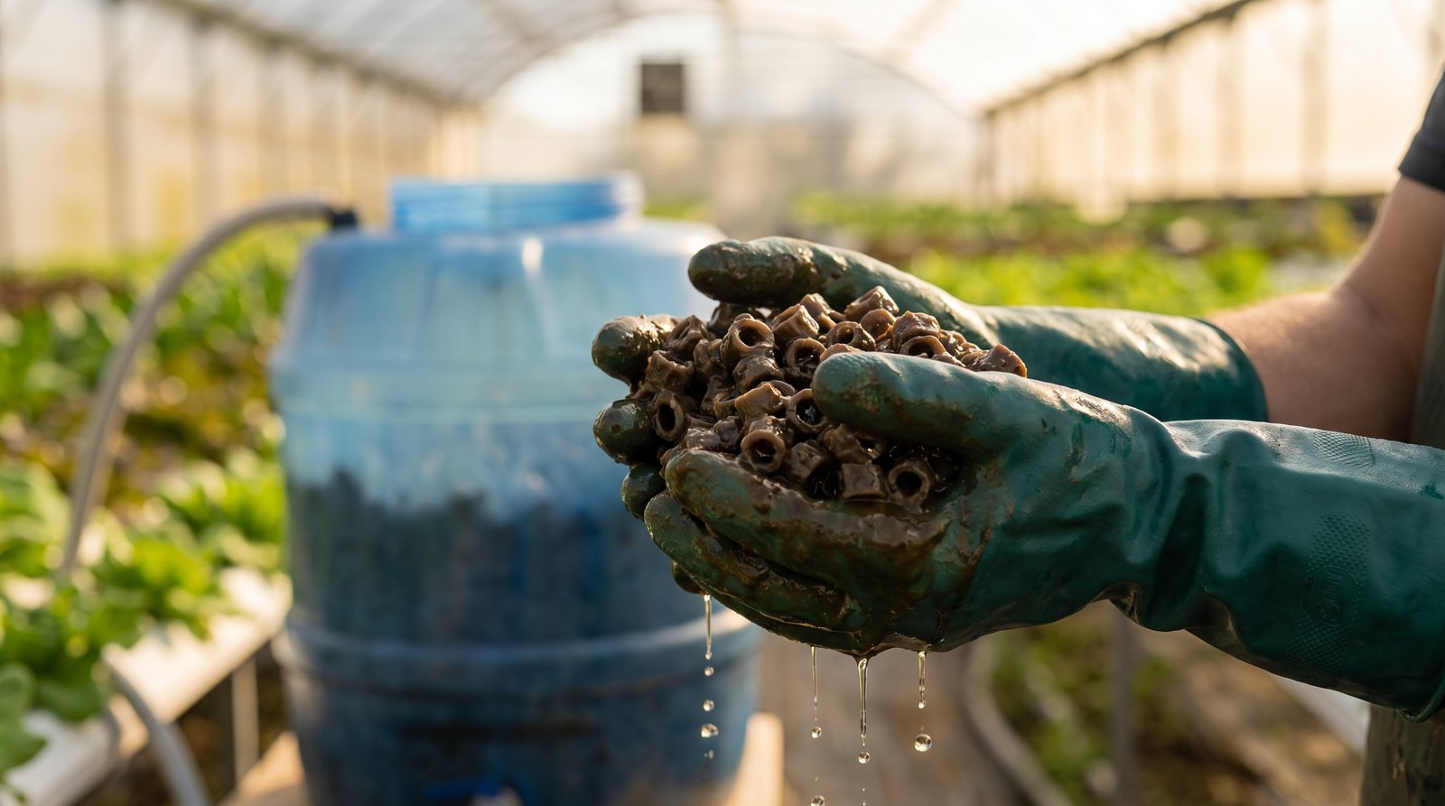 Mídia plástica de biofiltro coberta por biofilme bacteriano em sistema de aquaponia