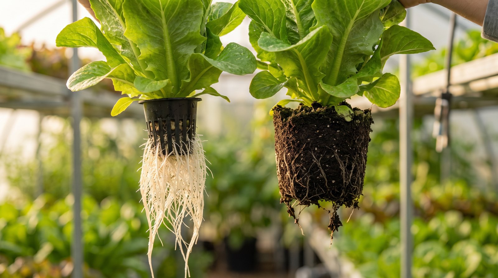 Mãos comparando raízes limpas de alface hidropônica e raízes com terra de alface cultivada no solo