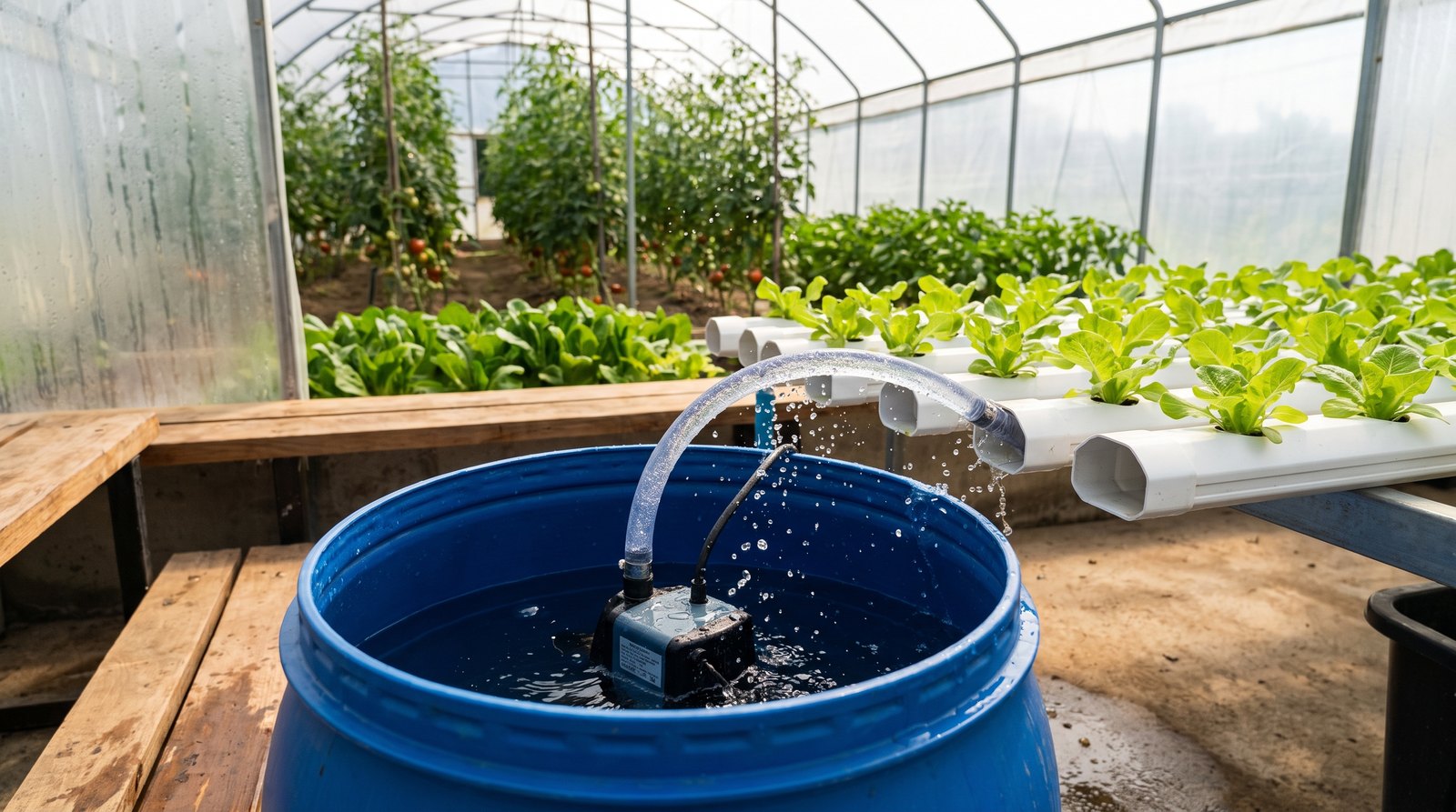 Reservatório com bomba submersa alimentando canais de hidroponia NFT com alfaces em estufa