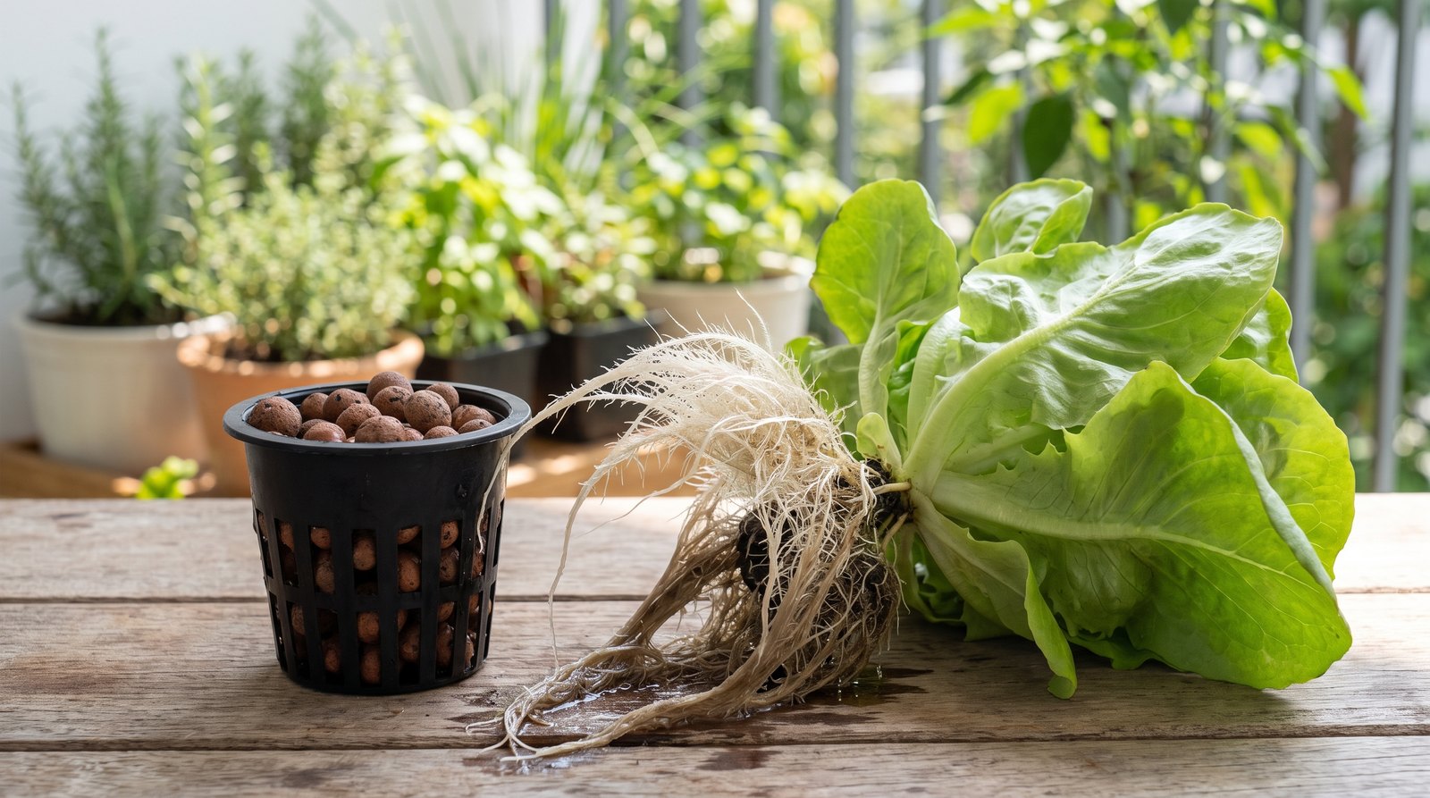 Raízes de alface em hidroponia Kratky divididas em zona aérea branca e zona submersa mais escura