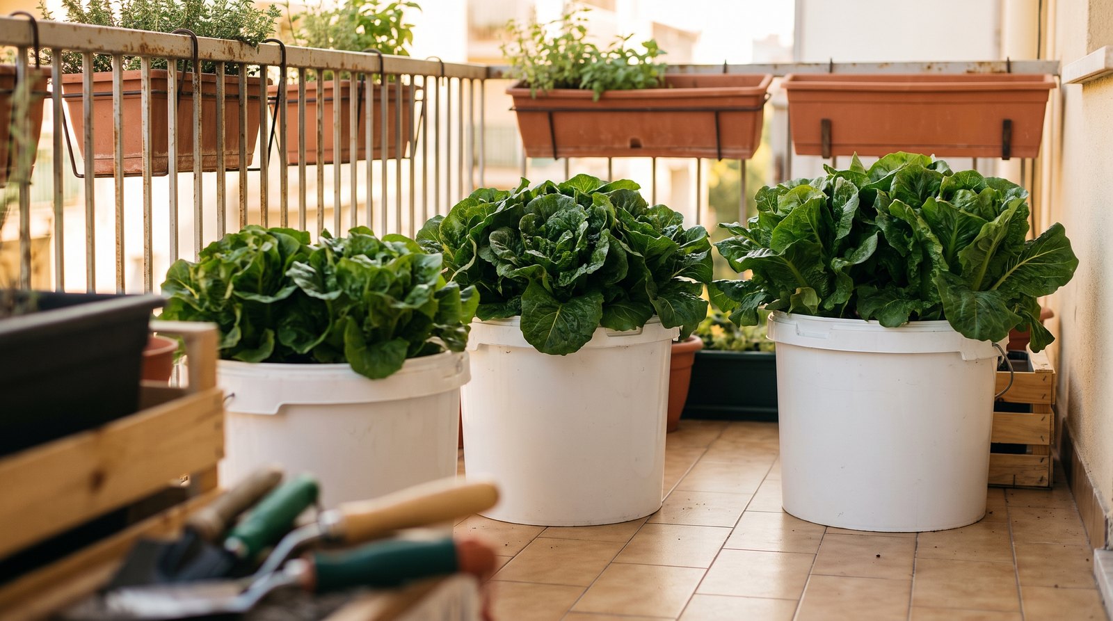 Três baldes de hidroponia Kratky escalonados com alfaces em estágios diferentes em varanda de apartamento