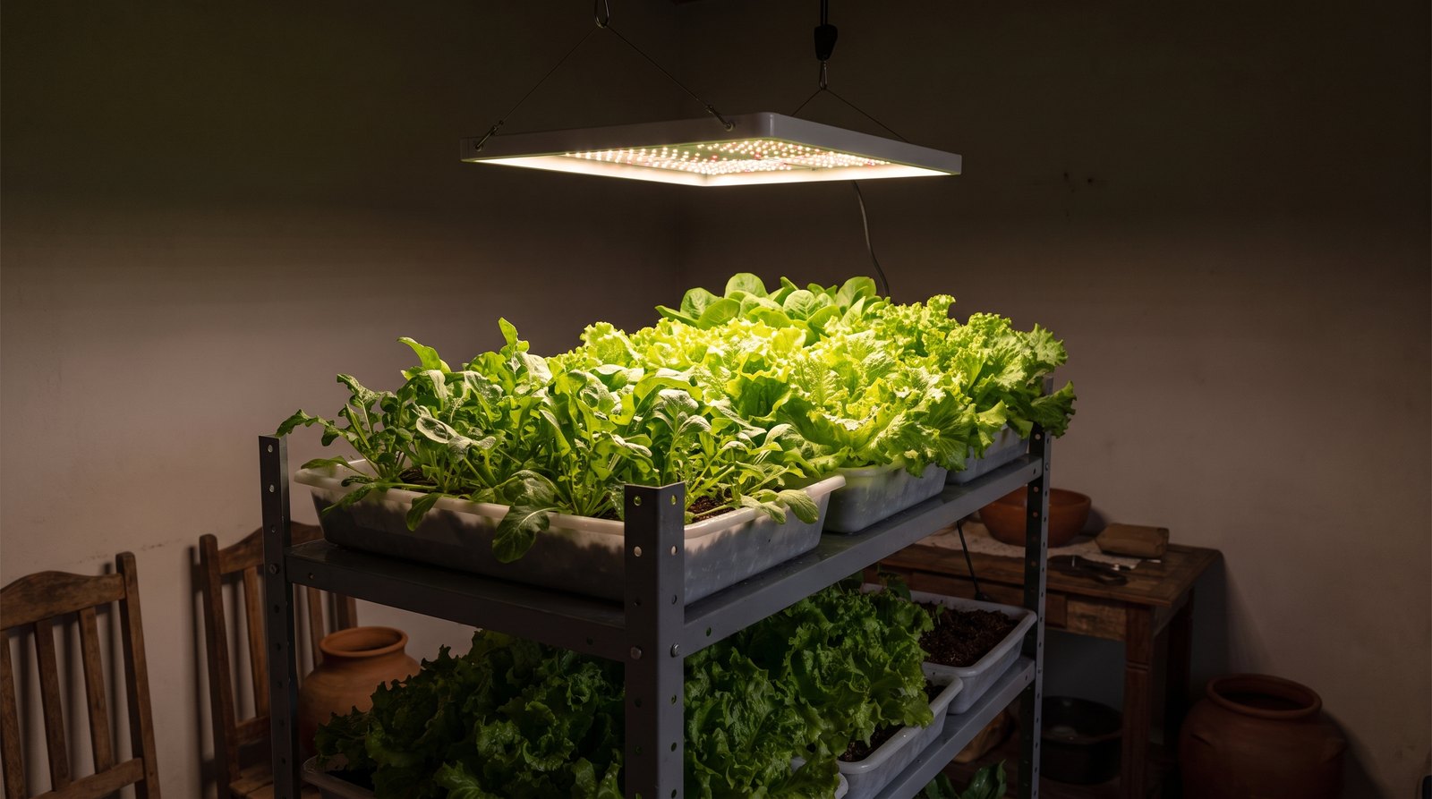 Horta com luz LED em prateleira de aço dentro de cômodo sem janela, alface e rúcula sob painel branco