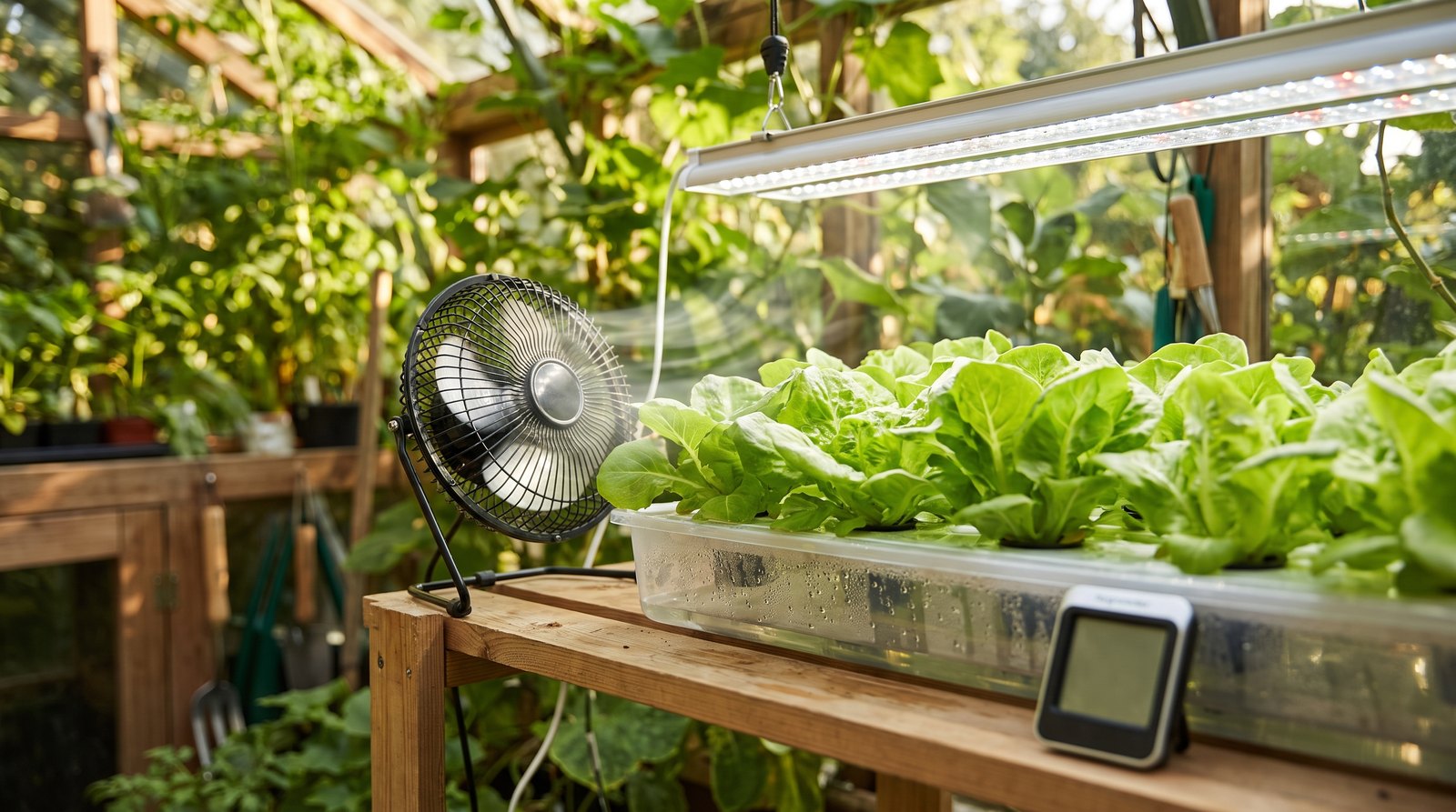Mini-ventilador circulando ar entre painel LED e folhas de alface em horta indoor fechada