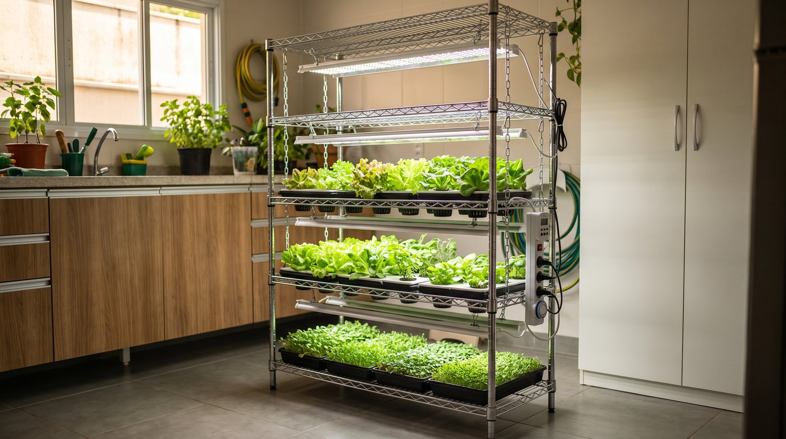 Rack de aço de quatro níveis com painéis LED e bandejas de alface e microverdes em área de serviço