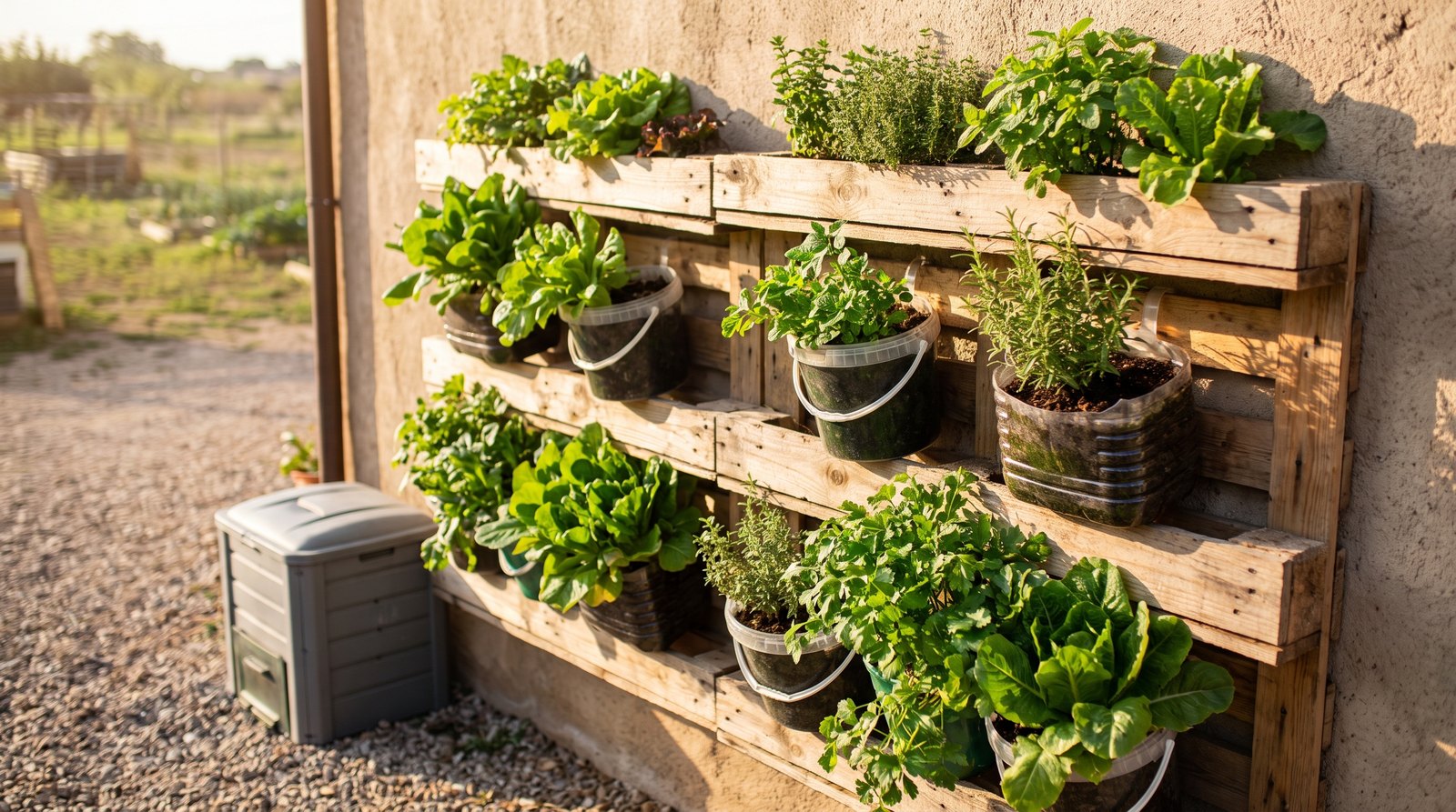 Horta vertical de paletes com aromáticas e hortaliças em muro de escola, ao lado de composteira