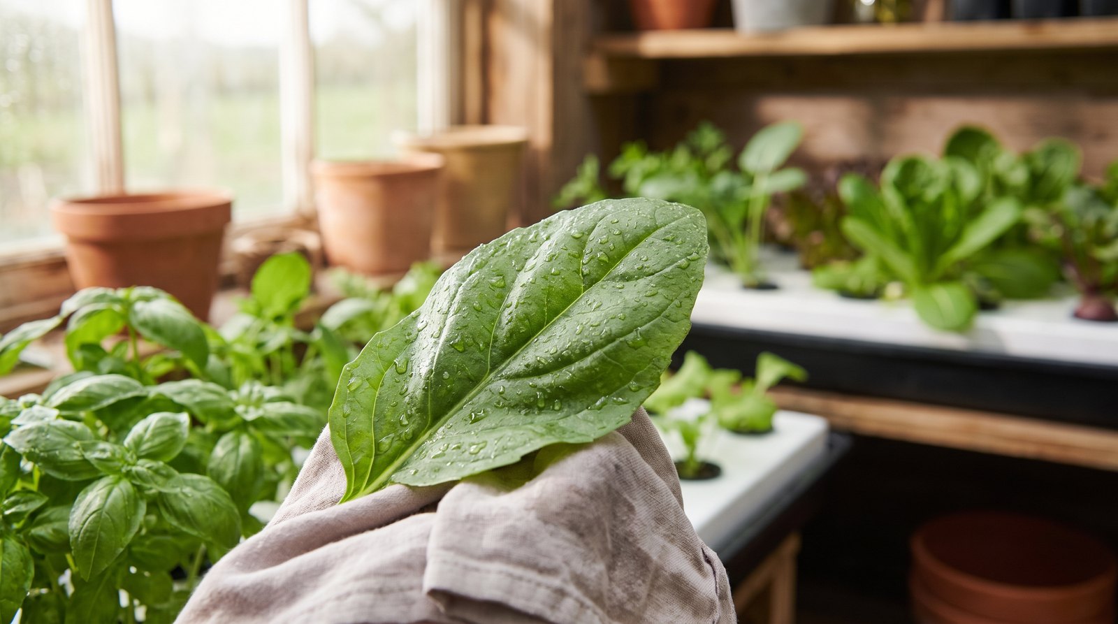 Mão limpando folha de erva aromática com pano úmido para remover gordura da cozinha
