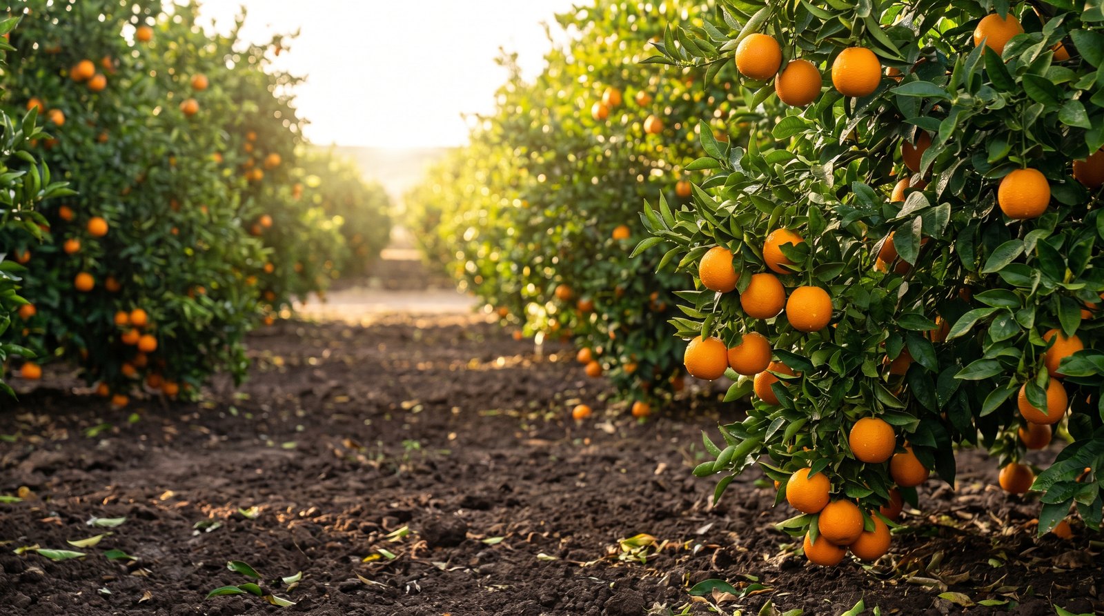 Pomar de laranjeiras carregadas de frutos maduros no cinturão citrícola paulista ao amanhecer