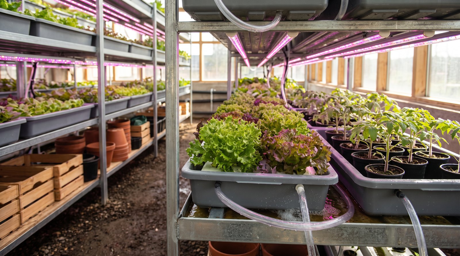 Alface e mudas de tomate cultivadas lado a lado sob luz LED rosada em fazenda vertical