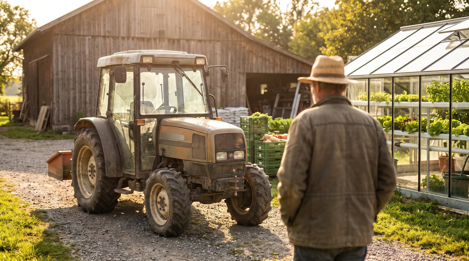 Produtor rural avaliando trator de médio porte candidato a receber kit de retrofit de autonomia