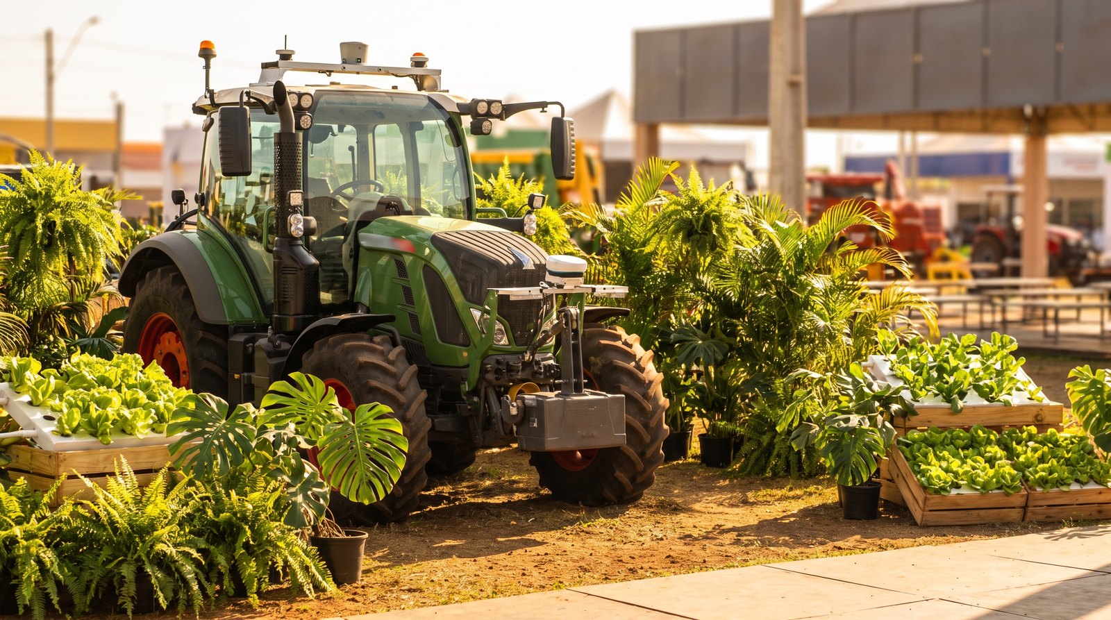 Trator autônomo moderno em demonstração de kit de retrofit em feira de tecnologia agrícola no Brasil